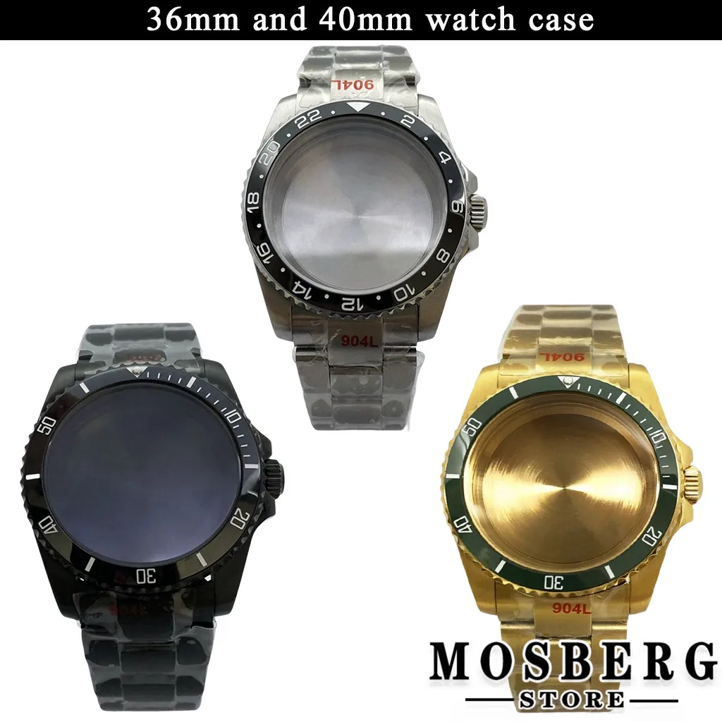 36mm 40mm Black Watch Case With Strap Sapphire Glass For NH35 NH36 ETA2836 Miyota 8215 8205 821A MingZhu DG2813 3804 Movement