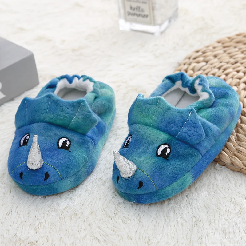 Тапочки детские зимние с 3D динозавром плюшевые мягкая резиновая подошва