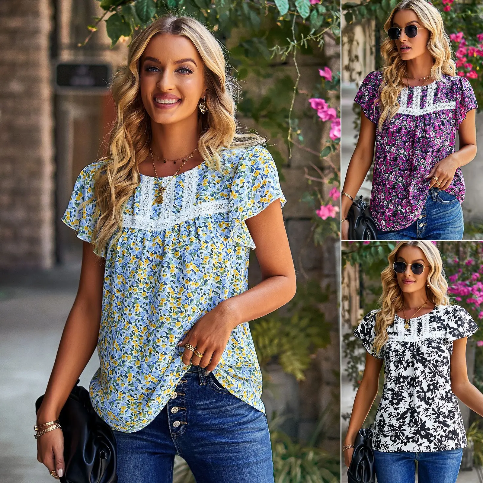 

Дизайнерская Европейская и американская футболка с круглым вырезом и принтом, 2023, весенне-летняя темпераментная повседневная женская футб...