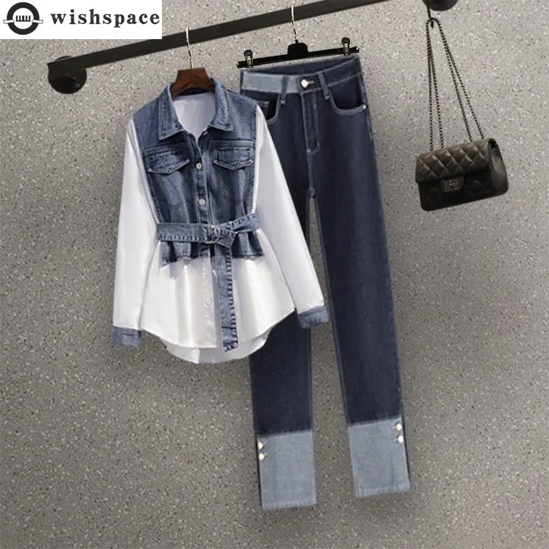 Korean Popular Street Style Elegant Women's Pants Set Fashion Denim Shirt Blue Jeans Two-piece Set Famele Tracksuit Sportswear