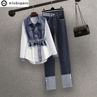korean popular street style elegant womens pants set fashion denim shirt blue jeans two piece set famele tracksuit sportswear