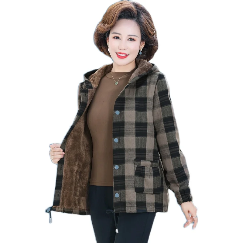 Middle-aged Elderly Women's Coat Winter Jackets Thin Light Warm Plus Velvet Cotton Linen Lattice Jacket Outwear Mother Outwear
