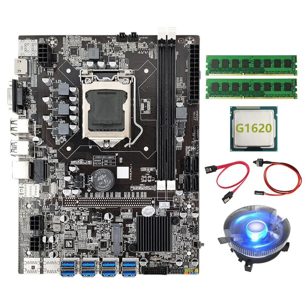 

Материнская плата B75 BTC для майнинга + процессор G1620 + 2X DDR3 8 Гб 1600 МГц ОЗУ + вентилятор охлаждения LGA1155 8GPU PCI-E к USB Майнер биткоинов ETH