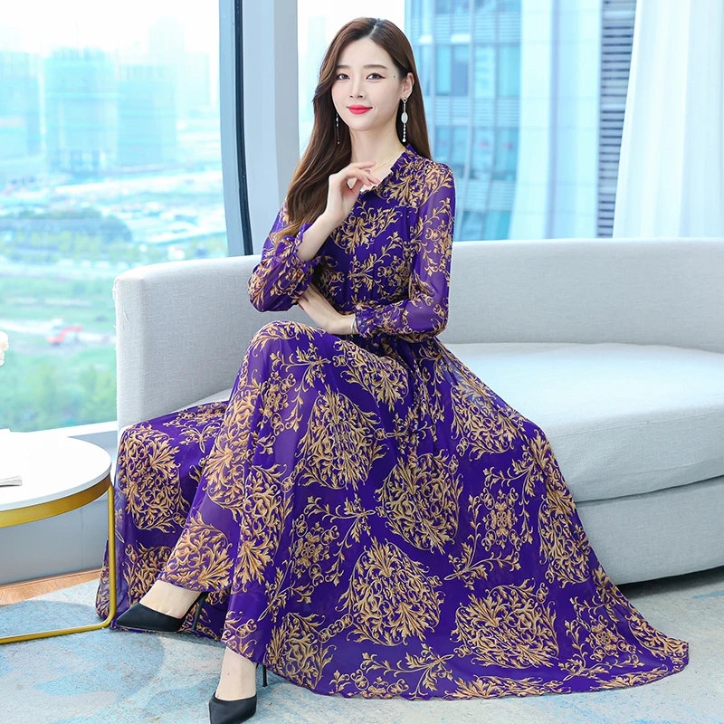 

Женский сарафан средней длины с круглым вырезом, фиолетовое шифоновое пляжное платье-макси с принтом, элегантное облегающее платье для веч...