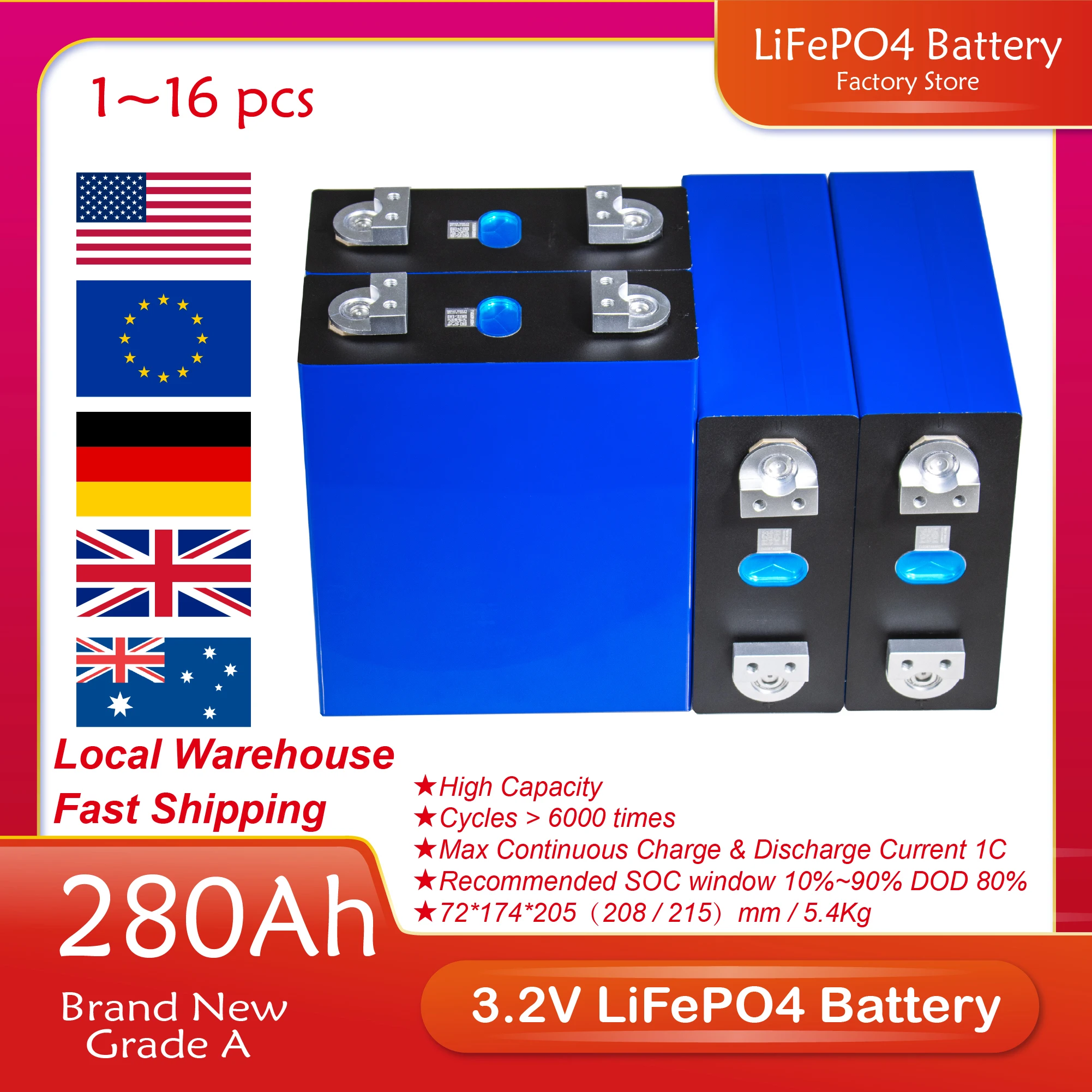 

Аккумуляторные батареи LFP 3,2 В Ач 64/32/16/8/4/2/1 шт., батарейные элементы LF280K класса A с шиной, комплект батарей для самостоятельной сборки 24 в 48 в 12 В для вилочного погрузчика