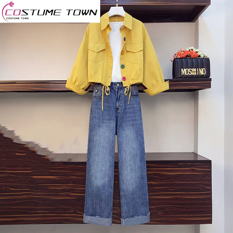 

Large Women's 2023 Spring/Summer New Fashion Slim Sister Slim Coat Denim Wide Leg Pants Two Piece Set Trend