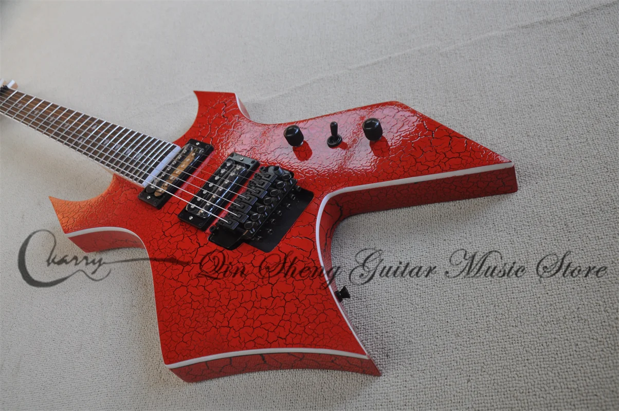 

7 Strings Electric Gutar Red Explosive Paint Chapped Pattern Body White Binding Tremolo Bridge HH Pickups