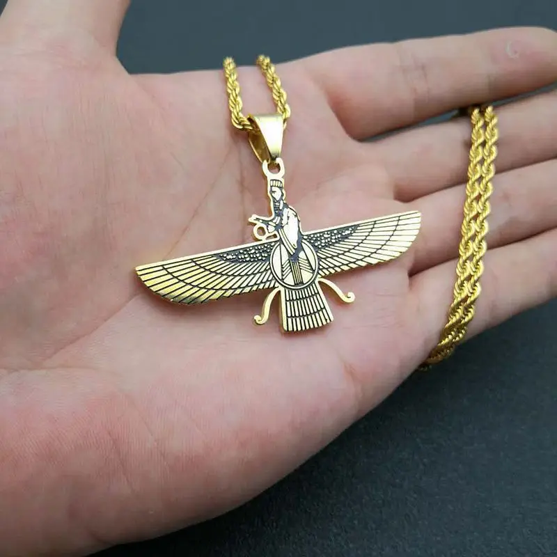 

Vintage Men's Fashion Titanium Steel Color Preservation Gold Plated Zoroastrianism Pendant Necklace Religious Jewelry