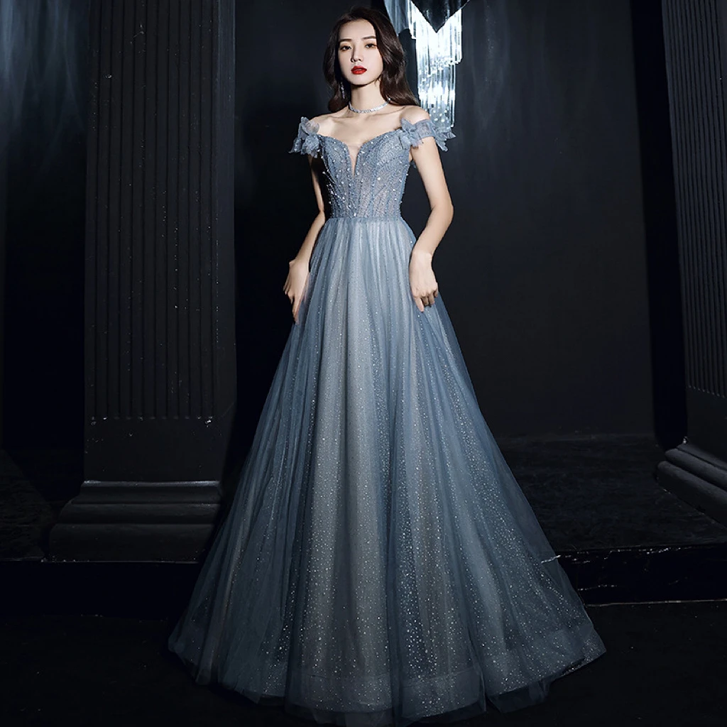 

Haze Blue Celebrity Dress Crystal Beading Pearl Bow Boat Neck Off Shoulder Tulle A-Line Banquet Lace Up Host Party Evening Gown
