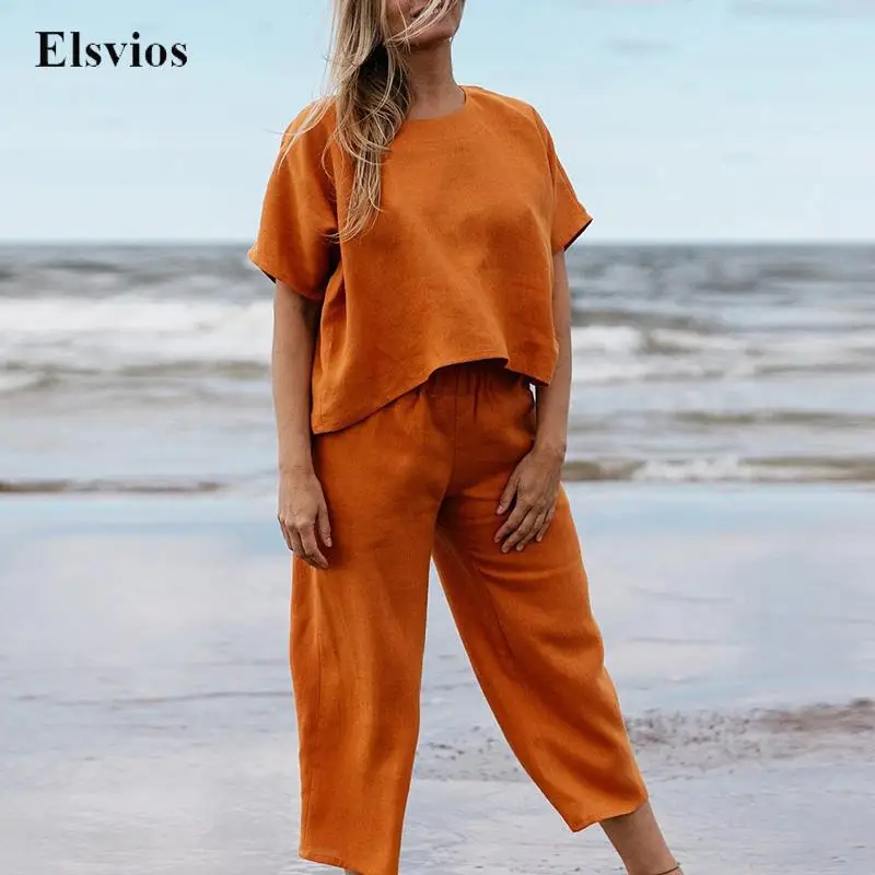 

Женский свободный комплект из двух предметов из хлопка и льна, Повседневная летняя футболка с коротким рукавом и штаны, наряды, Новый Модный женский костюм с круглым вырезом