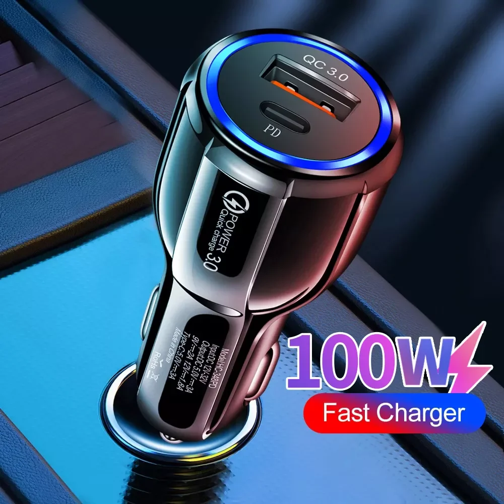 

Автомобильное зарядное устройство USB, 3 А, 100 Вт, Type C PD QC, адаптер для быстрой зарядки телефона для iPhone 13, 12, 11 Pro Max, 8, Xiaomi, Huawei, Samsung S21, S20, S10