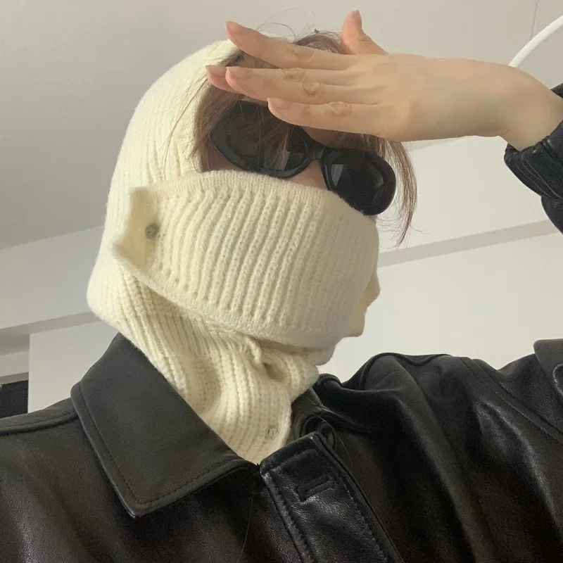 

New Winter Balaclava Women Beanie Warm Hat Button Soft Wool Bib Caps Korea Chic Ski Hiking Winter Cap Unisex Beanies 2023