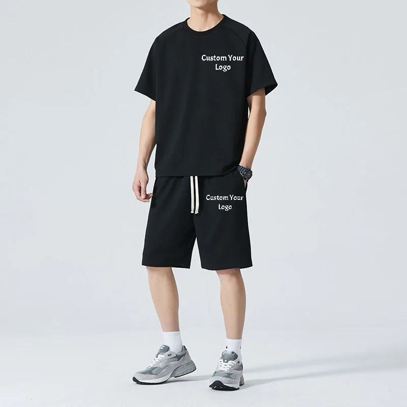 Customizable 2023 Summer New Solid Colour Casual Sports Suit Trendy Simple Loose Short-Sleeved Shorts Two-Piece Suit