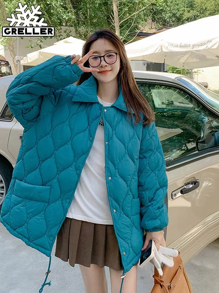 GRELLER Solid Rhombus Pattern Winter Women Parkas Jacket Retro Turn Down Collar Loose Cotton Padded Coat Clothes Winter Fashion