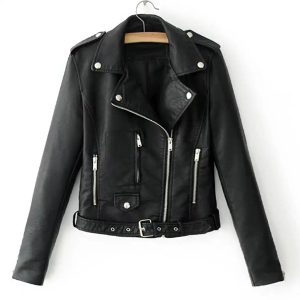 

Faux Leather Jacket Women Long Sleeve Lapel Zipper Button Pocket Motorcycle Jacket Short Coat Korean Chic New Spring 2022