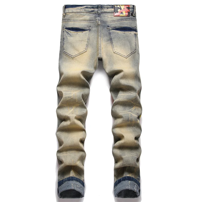 Men's Colorful Graffiti Printed Jeans Y2K Colorful Slim Fit Tapered Elastic Casual Pants Fashion Street Clothing Small Foot Pant