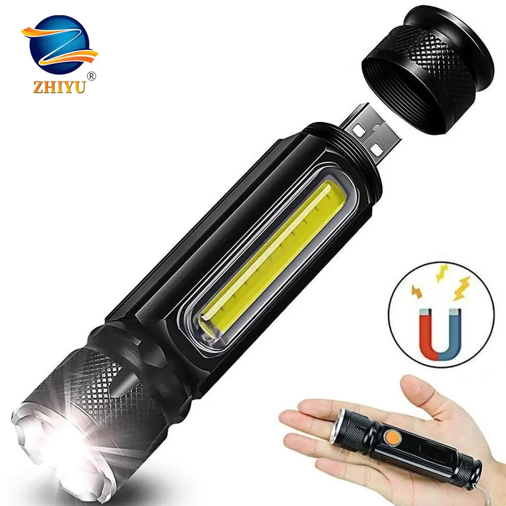 

ZHIYU USB Rechargeable LED Magnet Flashlights Camping Hiking Working Built in Battery Zoomable Torch Lamp 5 Modes T6 COB Lights