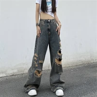 women loose hip hop ripped jeans female denim pants fashion moto biker cowboy beggar trousers womens wide leg pants