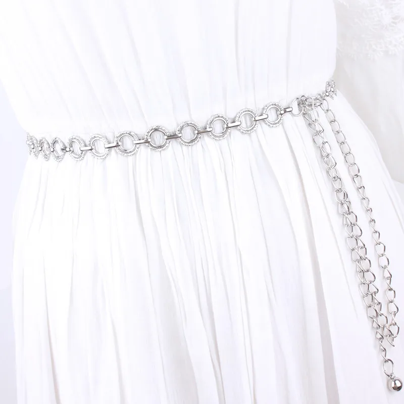 

fashion gold silver circle metal Waist Chain belts Women's tasstel thin waistband ladies female cummerbune strap accessories