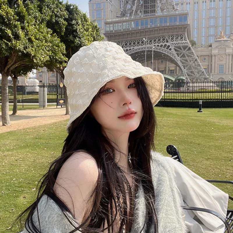 

New Panama Sun Hat Fashion Sunshade Pleated Bubble Plaid Ladies Fisherman Hats Breathable All-match Show Face Small Bucket Cap