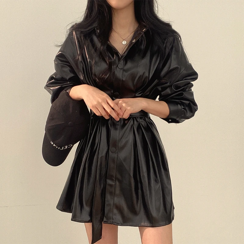 Korean Chic Retro Personality V-neck Single Breasted Lace Up Mid Length Motorcycle Jacket Leather Coat Women Korean Girl