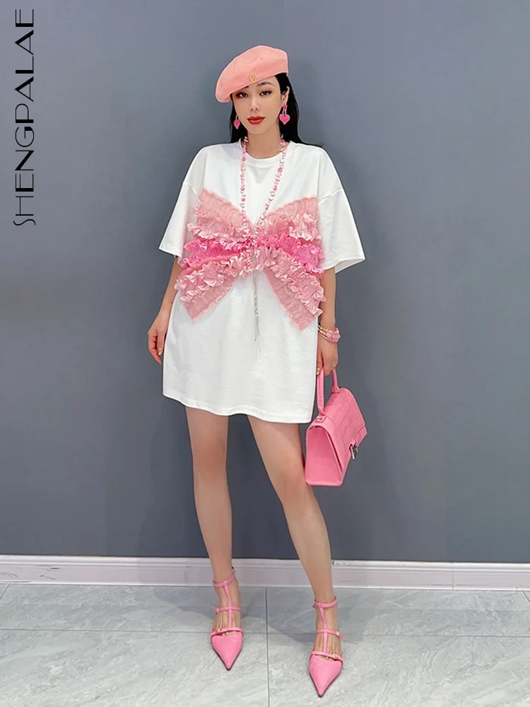 

SHENGPALAE Appliques Bow Dress For Women Fashion O-neck Short Sleeve Straight Casual T-shirt Vestido Summer 2023 New Tide 5R4235