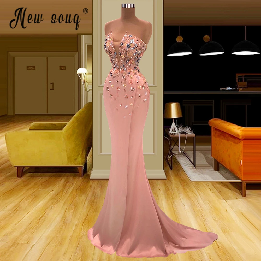 Sexy Pink Mermaid Prom Dresses Strapless Beaded Crystals Long Evening Dress Dubai Celebrity Party Gowns Robe de soiree Custom