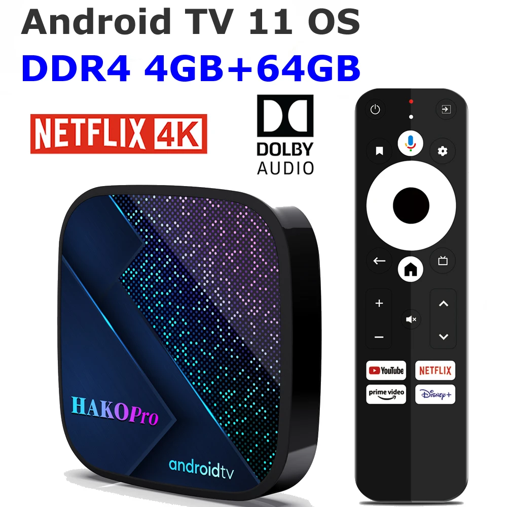 Google Certified Android TV 11 OS TV Box Hako Pro 4GB DDR4 RAM 64GB ROM 5G Dual WiFi Set Top Box Netflix 4K HDR AV1 Media Player