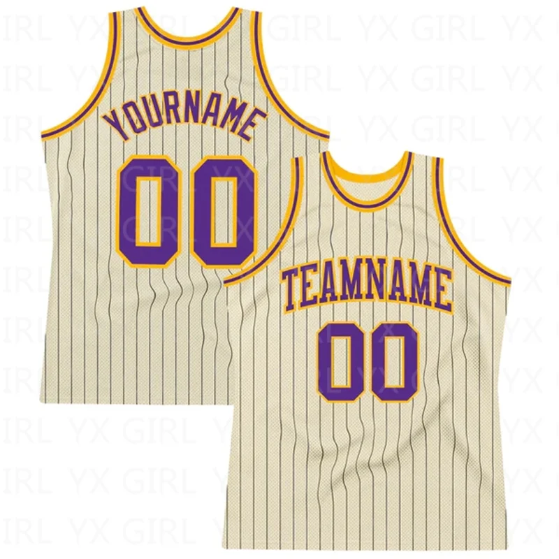 

Custom Black Pinstripe Purple-Gold Authentic Basketball Jersey Tank Tops for Men Jersey Personlized Sew Team Unisex Top