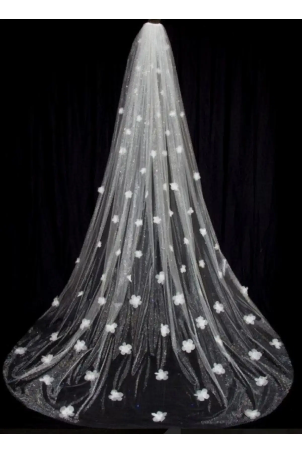 

Bridal Accessories 3D White Flower embroidery Long Veil On Shiny White Crystal Tulle Wedding For Bride And Bridesmaids