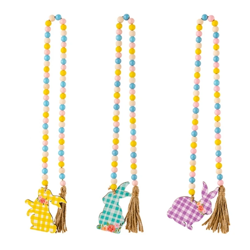 

Easter Wood Bead Garland with Tassels and Bunny Tag Farmhouse Rustic Colorful Wood Beads for Tiered Tray Decorations