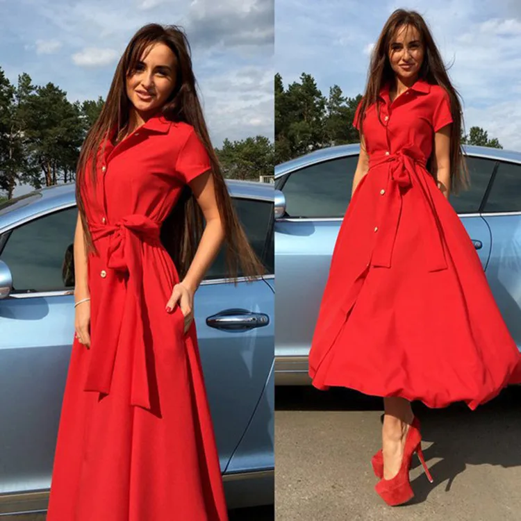 

Sexy long skirt Short -sleeved collapsed solid color long skirt women's dress