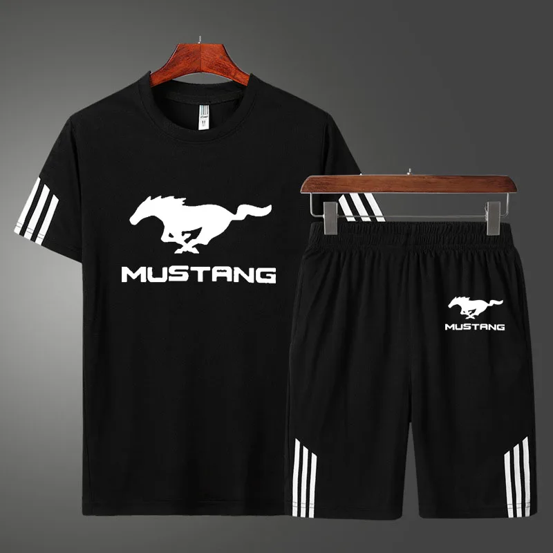 

2022High Quality Cotton Summer Men's T-shirt Mustang Car Logo Printing Casual Men's short sleeve + shorts two-piece suit