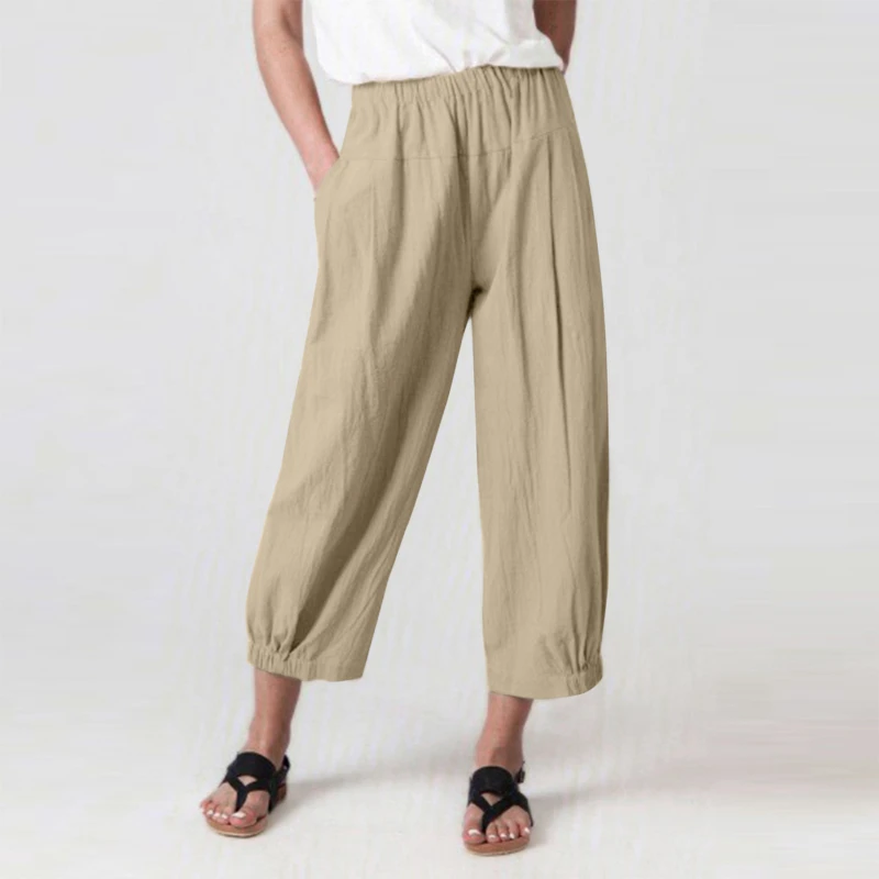 

Summer Casual Cotton Linen Harem Pants Women Loose High Waist ElasticPants Solid Lady Comfortable Breathable Trousers