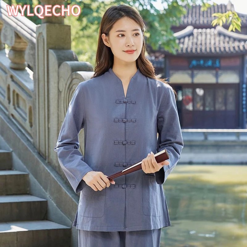 Женский китайский традиционный костюм Тан 2023 льняной кардиган дзен-чай ханьфу