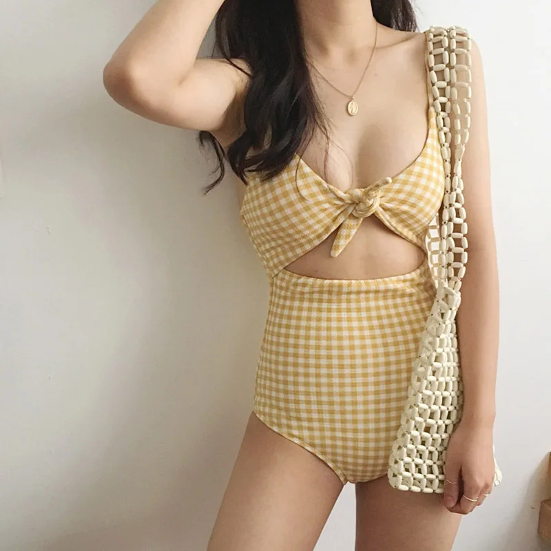 

Korean One Piece Swimsuit Women's Plaid Cover Belly Slim Sexy High Waist Bikini 2022 Woman Thongs Summer Beach Dress Push Up