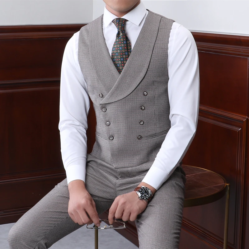 

Men's Suit Vest Gray Houndstooth Lapel Collar Double Breasted Retro Steampunk Waistcoat Male Gentleman Business Waistcoat 2023