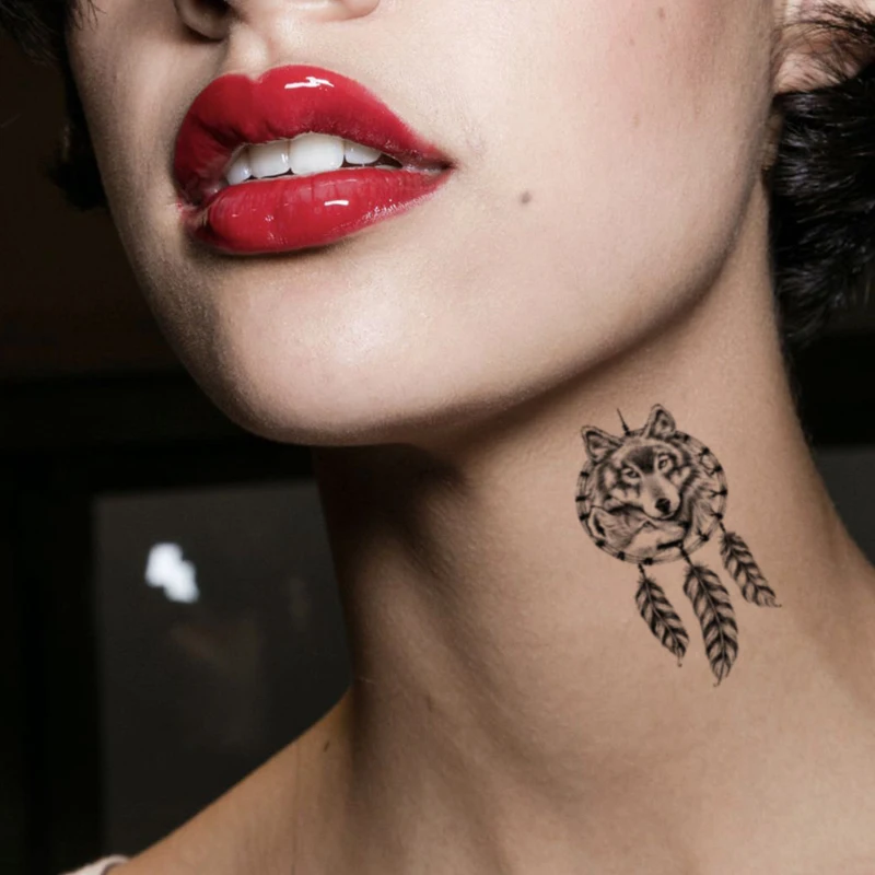 

Black Dreamcatcher Temporary Tattoos Sticker for Women Fashion Body Art Arm Neck Chest Back Tatoos Fake Wolf Head Tattoo for Men