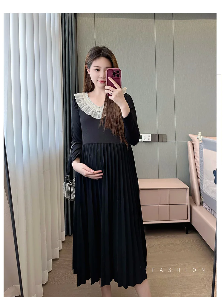 Осеннее элегантное платье для беременных черное милое кружевное плиссированное