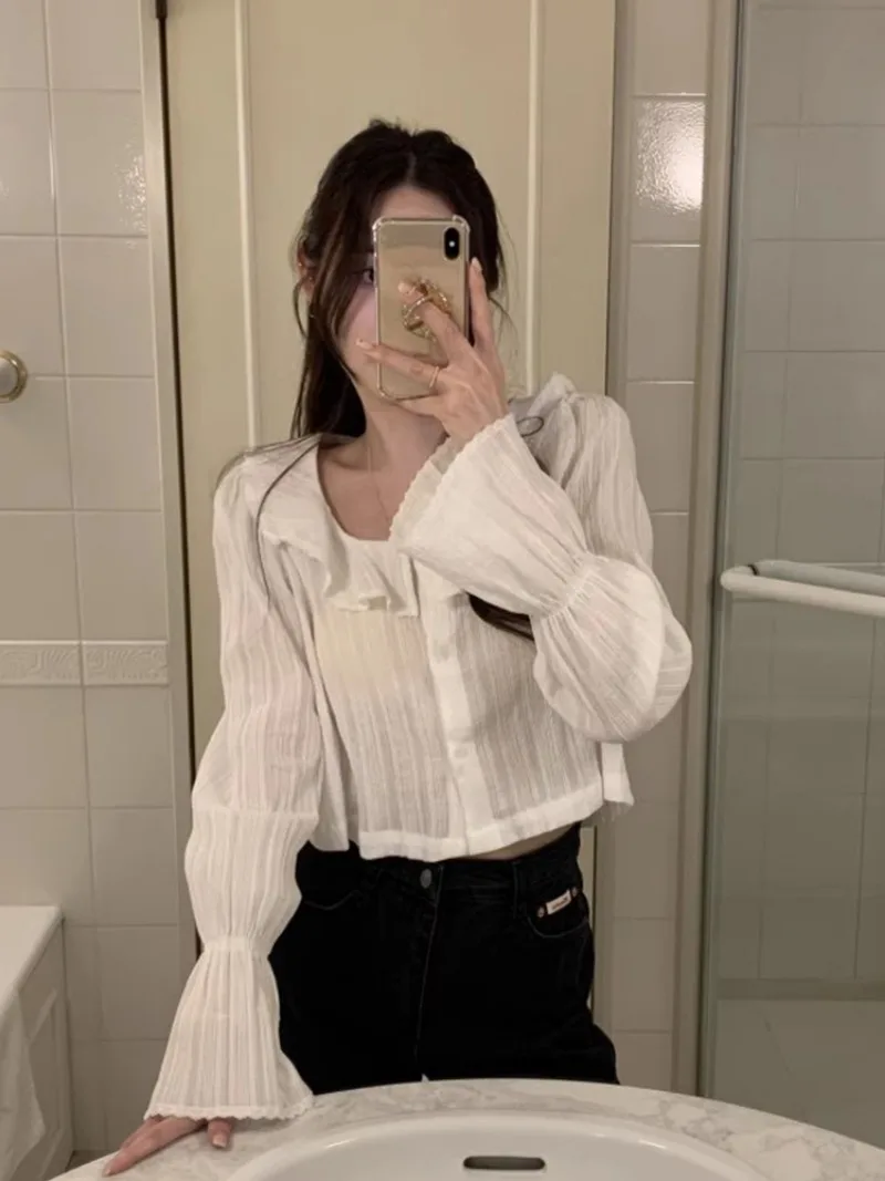 Женские рубашки с милыми оборками блузки расклешенными длинными рукавами Blusas Mujer