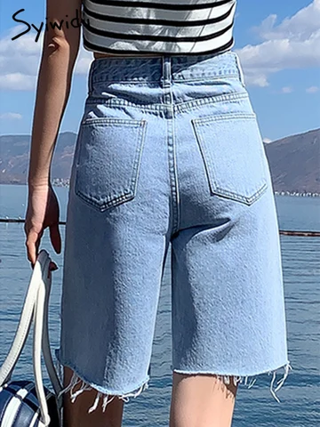 Syiwidii Ripped Short Jeans Women 2022 Summer Tassel Korean Fashion High Waisted Straight Vintage Streetwear Denim Shorts
