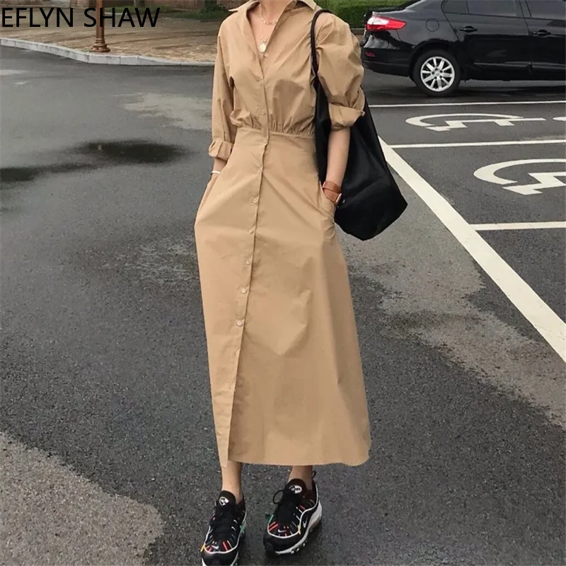 

Elegant Shirt Dress Korean Women Autumn Retro Lapel A-line Long-sleeved Dress Office Lady Solid Color High Waist Casual Dress