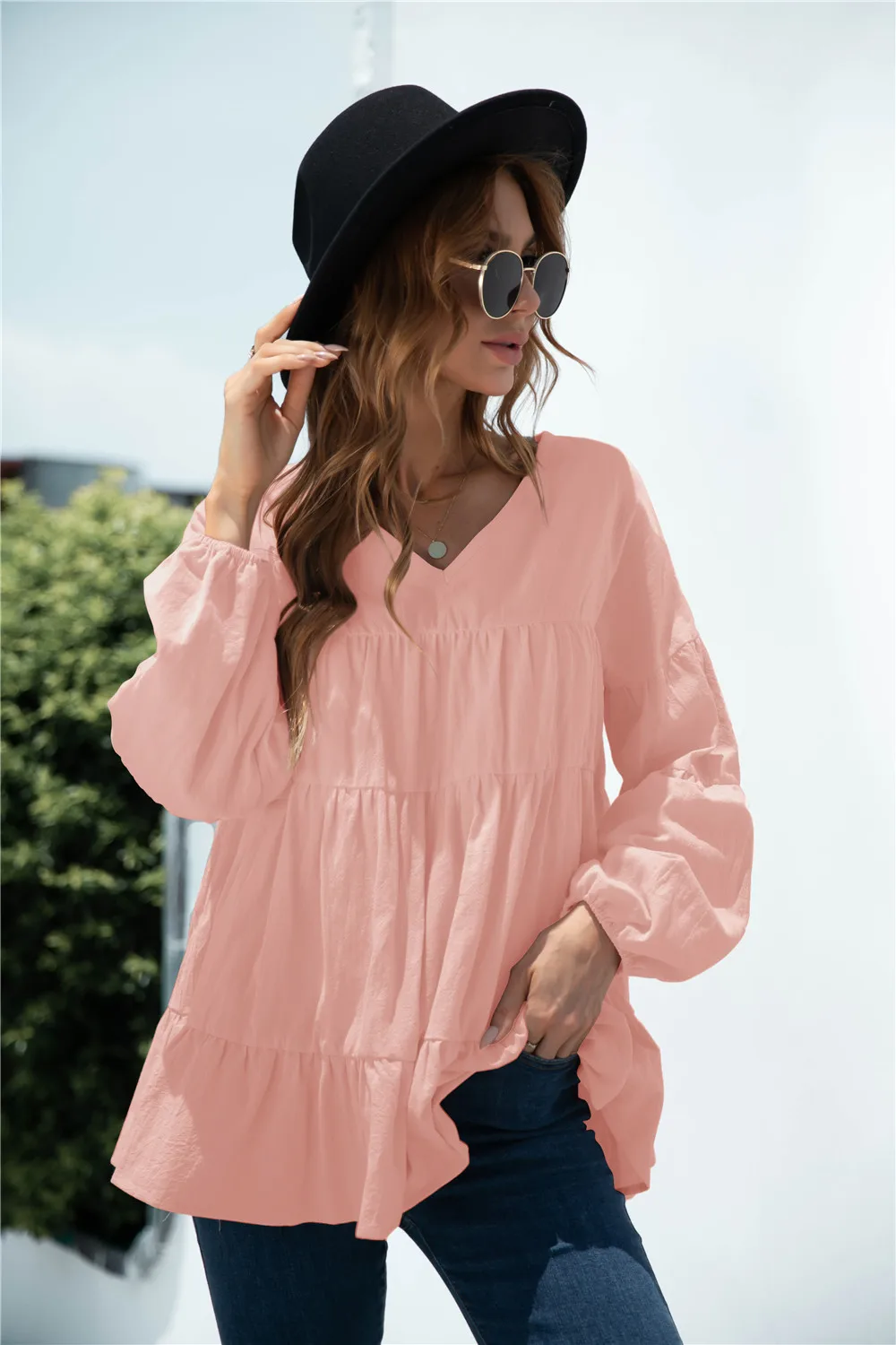 

Cherry Invasion Autumn Winter Women Loose Solid Color Chiffon V-Neck Shirt Blouse