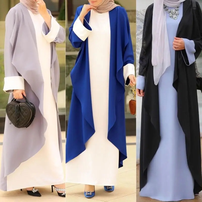 Middle East Women's Arabian Robe Fake Two-piece Color-blocking Loose Blouse Muslim Abaya Clothing