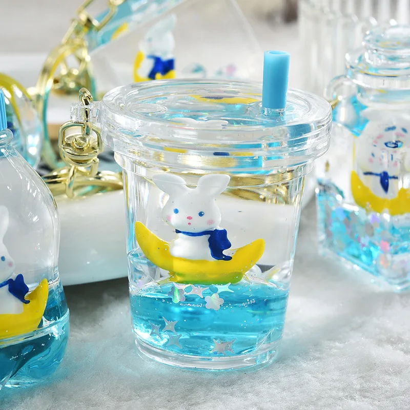 

Cartoon Liquid Quicksand Bottle Moon Rabbit Key Chain Girl Cute Car Key Chain Student Bag Pendant Key Ring Ornament Couple Gift