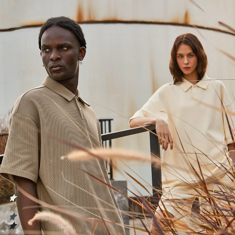 

2023 Spring/Summer New Diamond Pattern Waffle Lapel Loose Short Sleeve T-Shirt Harajuku Casual Loose Top