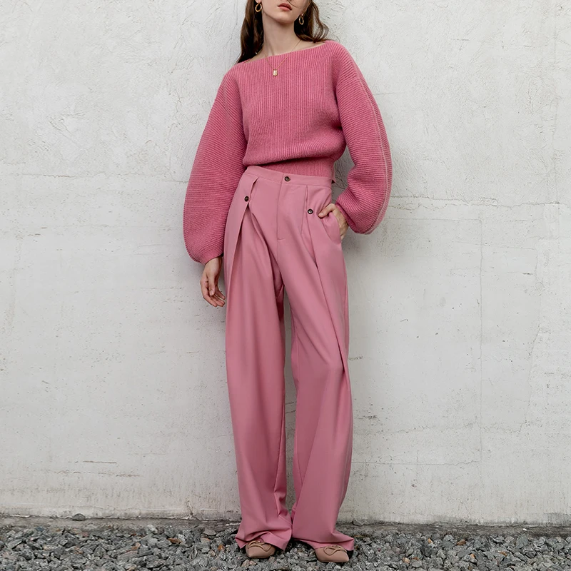 Pink High Waist Wide Feet Suit Pants for Women in Autumn