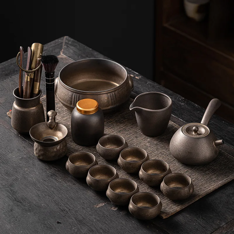 Japanese Style Gilt Iron Glaze Tea Set Complete Set of Ceramic Kung Fu Tea Set Teapot Cup Vintage Home Teaware Kitchen Dining 3