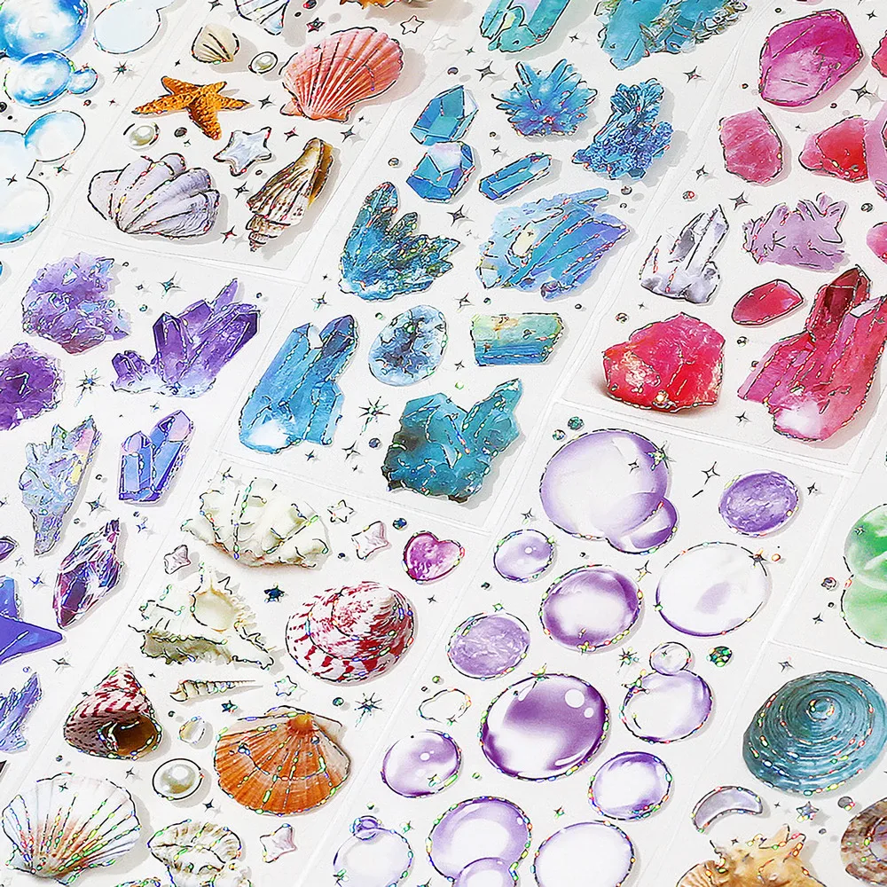 

3 Sheets Glossy & Realistic Holographic Sticker Pack of Sea Waves, Bubbles, Shells &Crystals - for DIY Projects & Summer Crafts