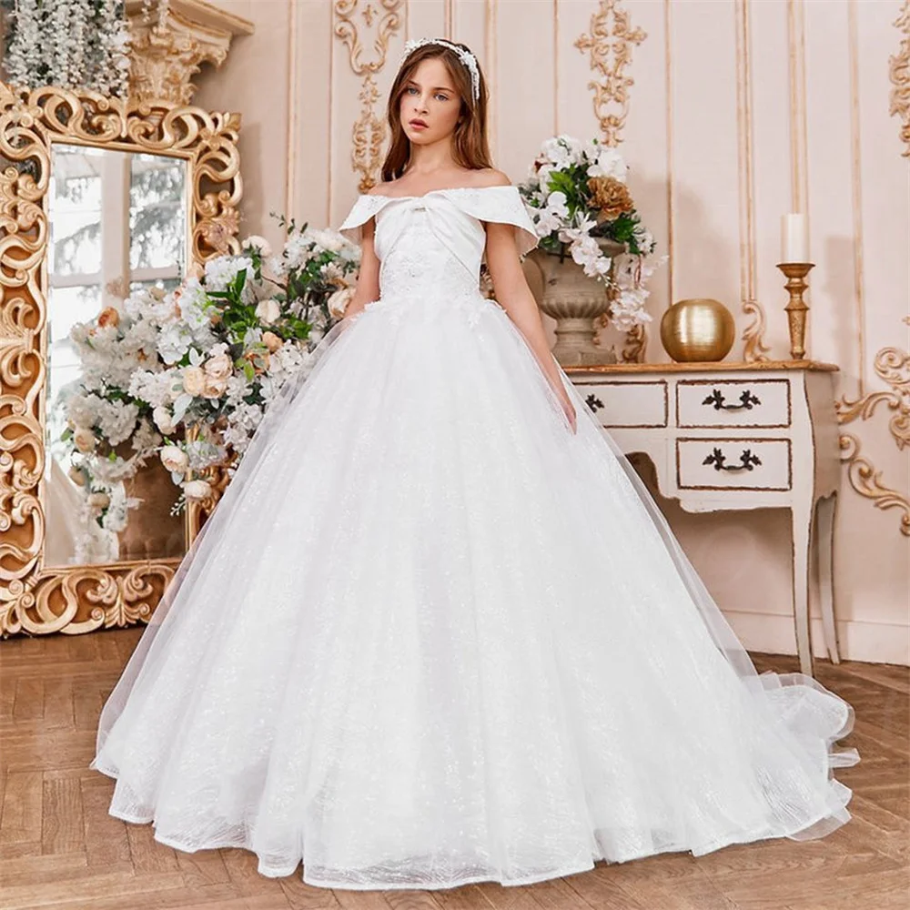 

Элегантные белые платья с открытыми плечами и цветами для девочек, свадебные кружевные платья принцессы с аппликацией и бисером для конкурса и первого причастия